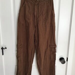 Faithfull The Brand Womens Linen Cargo Wide Leg Pants Chocolate Brown Size 4